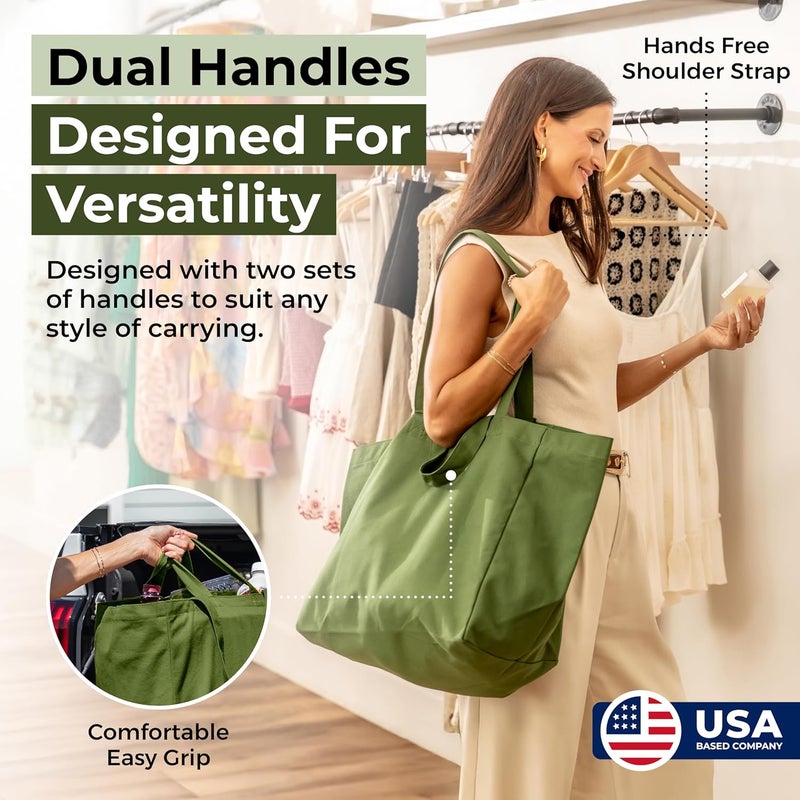 VeraMia Canvas Grocery Bag 3pc XL Set with Real Pockets, Long Shoulder Strap and Short Handle. Heavy Duty, Foldable, Washable - Image 2